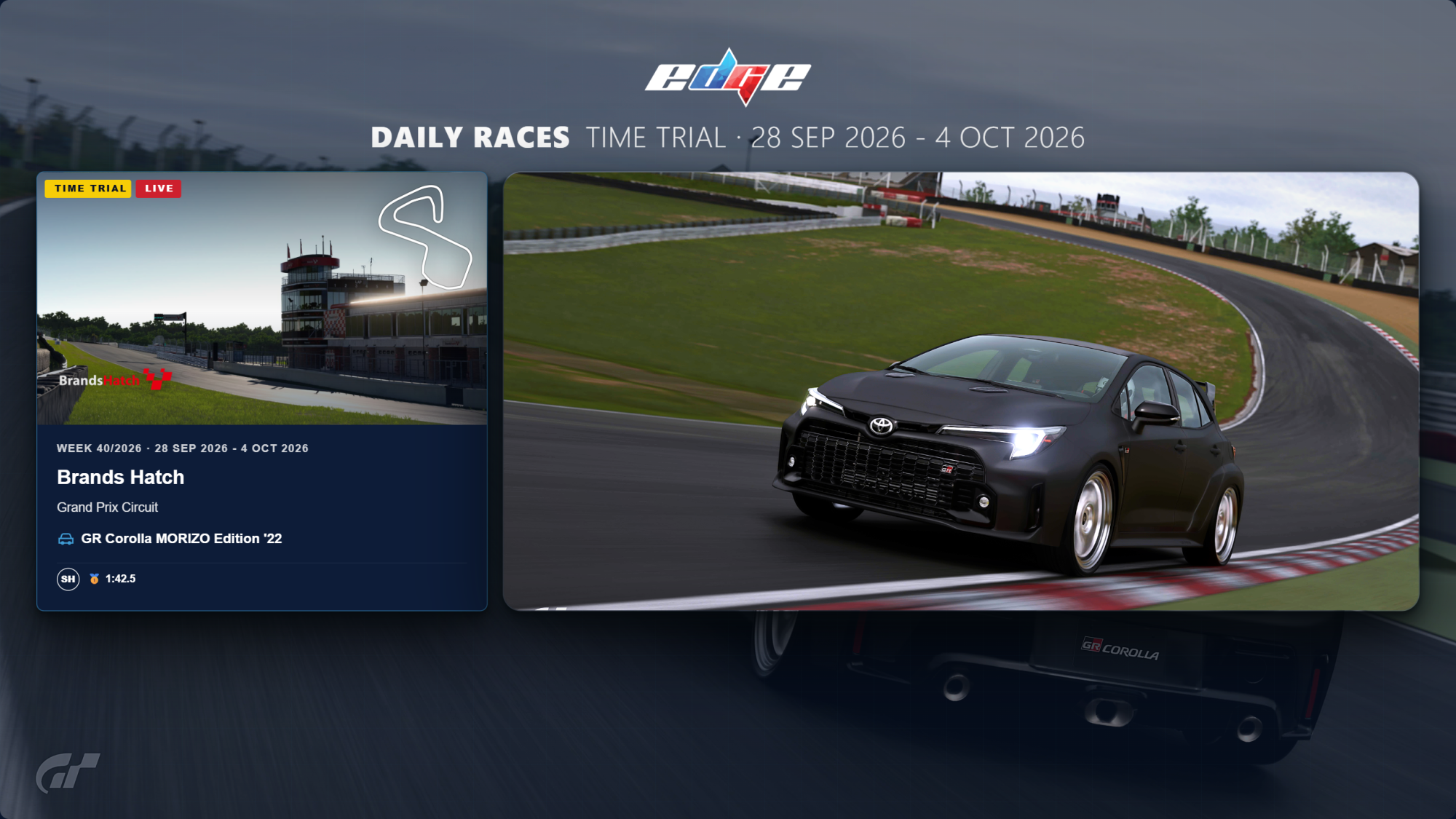 GT7 Online Time Trial: GR Corolla MORIZO Edition at Brands Hatch Grand Prix Circuit (1 October 2026) This time, we're heading to Brands Hatch Grand Prix Circuit in the GR Corolla MORIZO Edition '22. | Image 3273