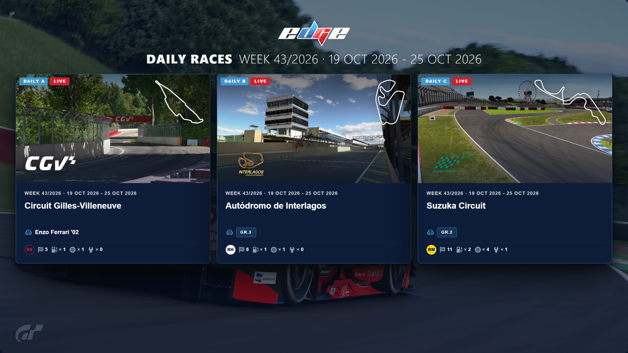 GT7 Daily Races Week 43: Circuit Gilles-Villeneuve, Interlagos, Suzuka 19 October 2026 – 25 October 2026