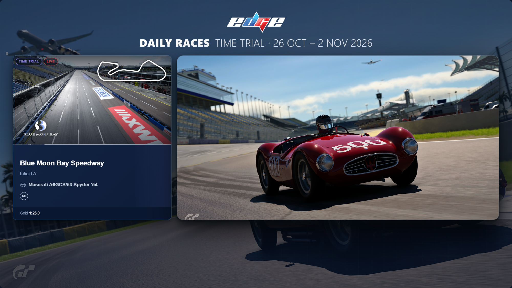 GT7 Online Time Trial: Maserati A6GCS/53 Spyder '54 at Blue Moon Bay Speedway Infield A (29 October 2026) This time, we're heading to Blue Moon Bay Speedway Infield A in the Maserati A6GCS/53 Spyder '54.